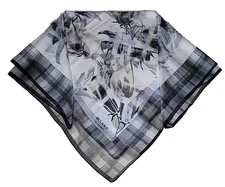 Manilo Bonetti Square Scarf Black White Floral Plaid Sheer Polyester Signed