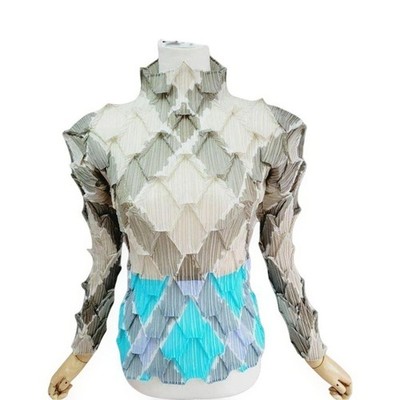 PLEATS PLEASE Issey Miyake Dragon Scale Langarmshirt grau türkis L