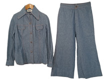 1970's jeans denim dagger collar bell bottom men's Leisure suit military buttons