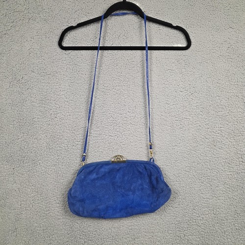 Vintage Suede Crossbody Bag Women Blue Leather Kiss Lock Detachable Strap Italy - Image 1