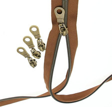 5 Antique Brass Metallic Nylon Coil Zippers by the Yard Bulk Brown Zipper Tape