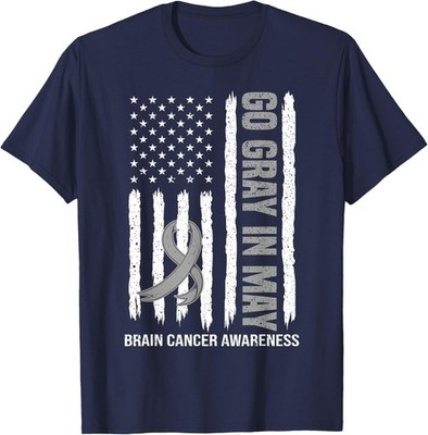 Fight Brain Cancer Awareness Wear Gray in May American Flag Unisex T-Shirt