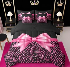 Pink Bowknot 7 Piece Bedding Set Queen Size Glitter Print Comforter Set with ...