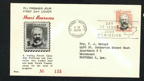 Canada #485, 1968 5¢ Bourassa, Darnell numbered 155 & limited FDC