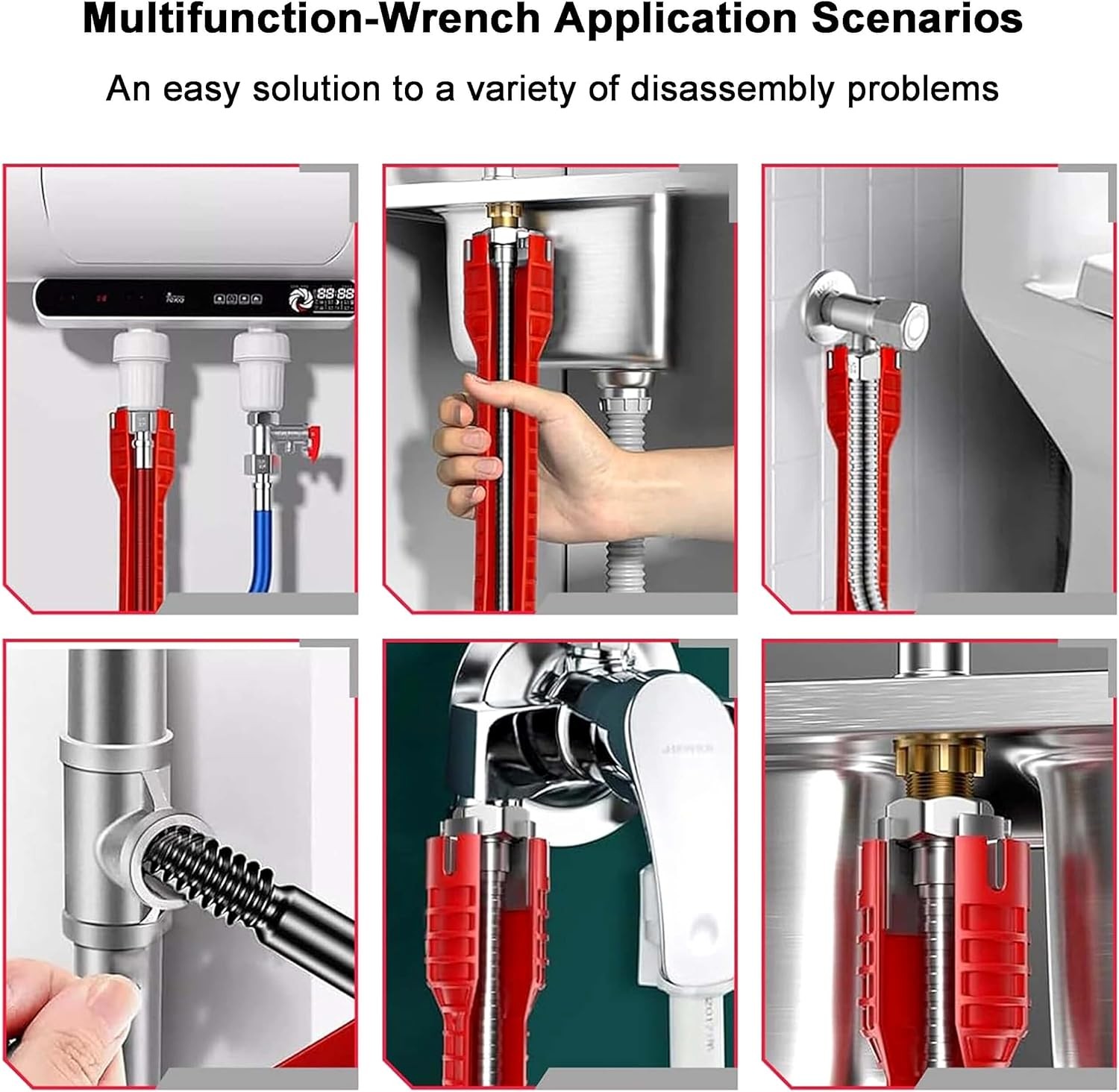 8 in 1Multifunctional Kitchen Faucet Sink Basin Wrench, Drain Tub Red 