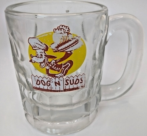 Vintage Dog N Suds Root Beer Glass Mug Heavy Clear Glass Yellow Logo