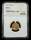 1913 $2.5 Gold Quarter Eagle $2 1/2 Indian Head NGC MS 61 #7550