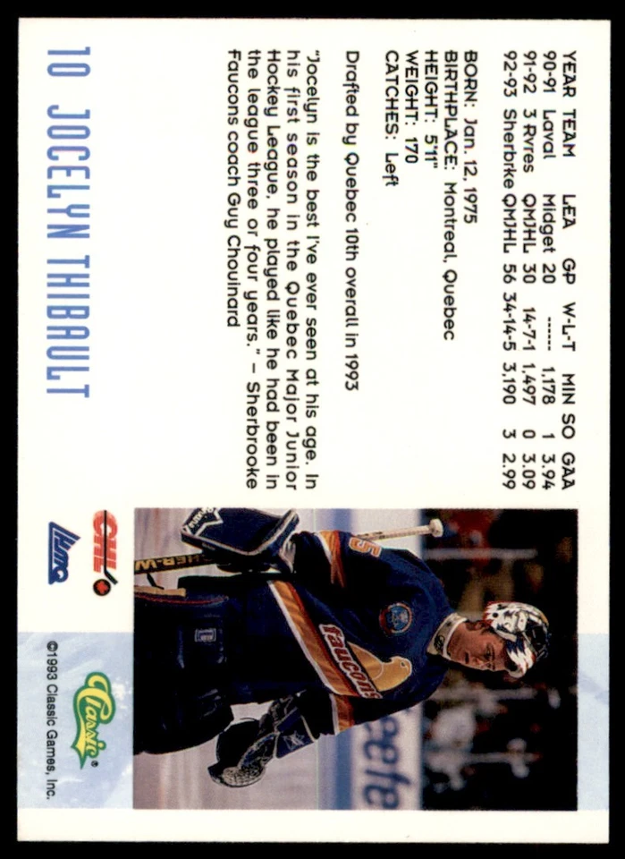1993-94 Classic Jocelyn Thibault RC Sherbrooke Faucons #10 - Image 2 of 2