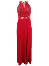 Morgan & Company Juniors' Sequined Lace Halter Gown (5, Red/Nude)