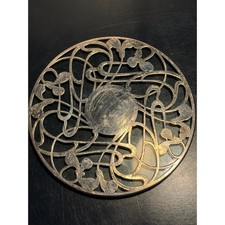 Antique Art Nouveau Silver Plated Overlay Glass Coaster Trivet Floral  Coaster