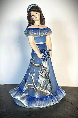 Fenton Blue Satin GLASS Cat &  Winter  Birds  Bridesmaid  DOLL   Rachelle   OOAK