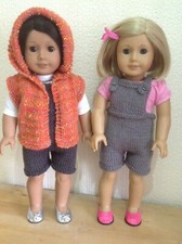 Dolls clothes knitting pattern.18" doll. Hooded Gilet and short dungarees. KNM86
