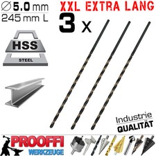3 x HSS Profi Turbo Spiral Metall Bohrer 135° Oxidiert Ø 5.0mm Extrem Lang 245mm