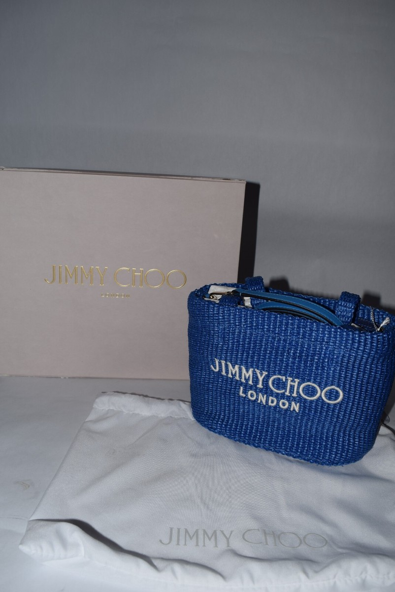 NWT Authentic JIMMY CHOO East West Beach Bag Raffia Logo BLUE Mini