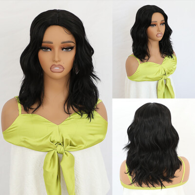Women Short Bob Wave Wig Black Hair Middle Part No Lace Wigs Full Heat Resistant