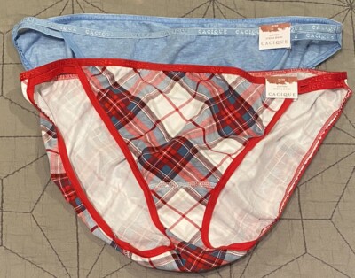NWT Cacique 2 Pair Double String Bikini Panties 18 20 Blue Red White Plaid