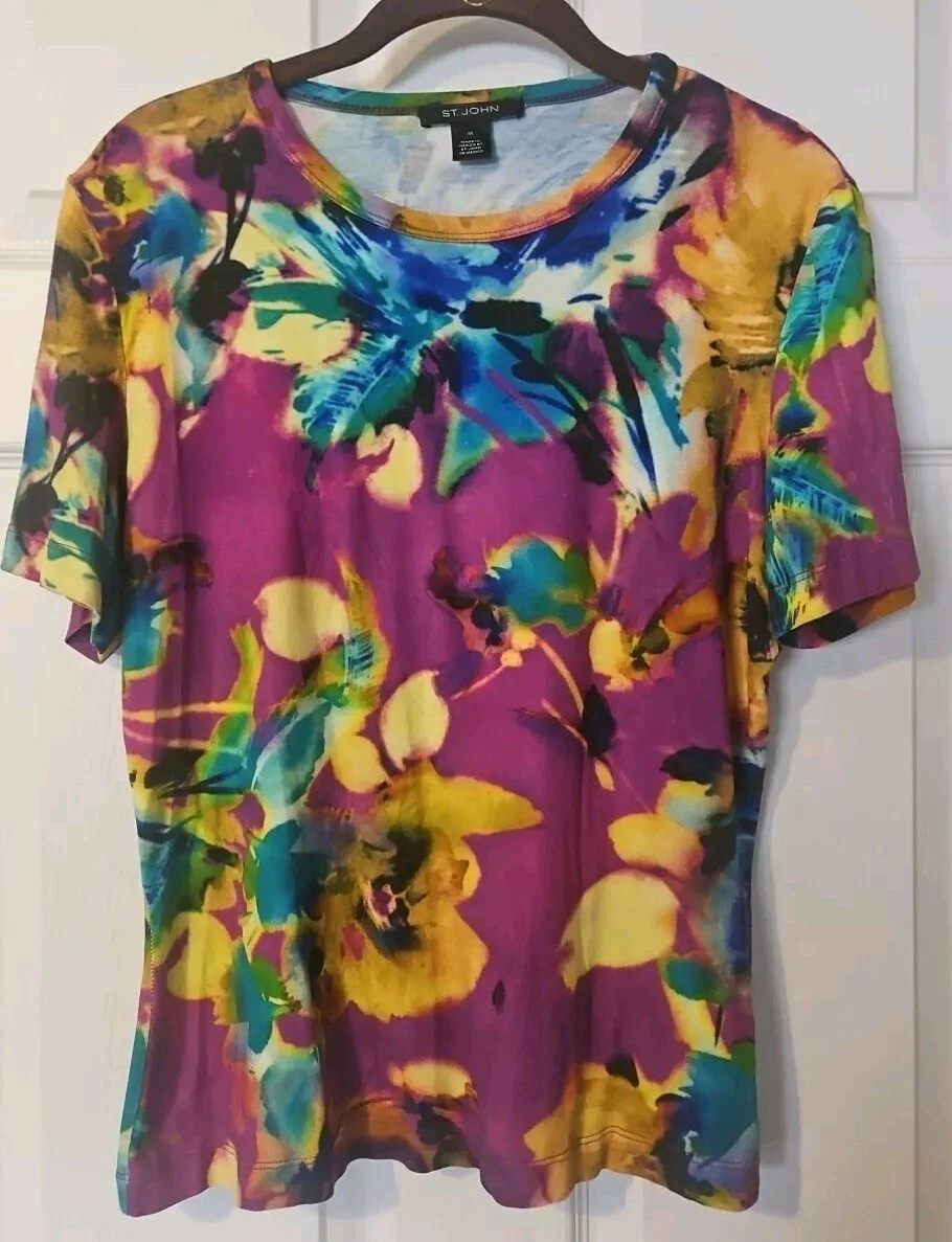 ST. JOHN Black Label Watercolor Abstract Floral Short Sleeve T-shirt Top Sz M