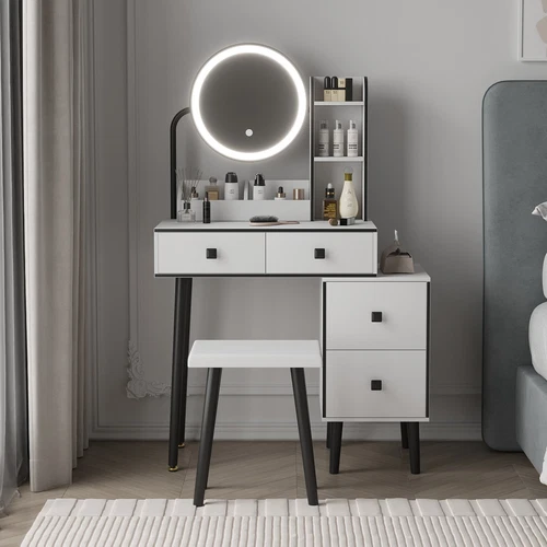 Vanity Set Makeup Dressing Table Lighted Mirror Stool Storage Drawer DresserDesk - Picture 1 of 13