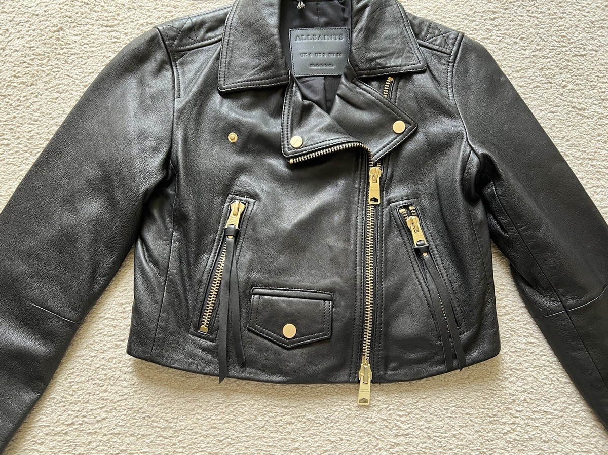 ALLSAINTS レザージャケットライダースELORA CROPPED UK2 AllSaints Elora Cropped Leather Biker Jacket Coat Black 2 New