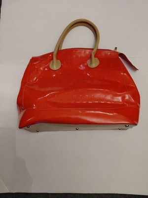 Arcadia orange &Tan Genuine Patent Leather Double Handle Handbag Tote Bag Italy