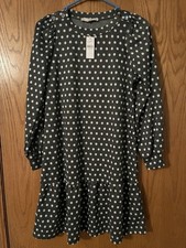 LOFT Women’s Small Gray & White Dotted Shoulder Button Ruffle Dress NEW