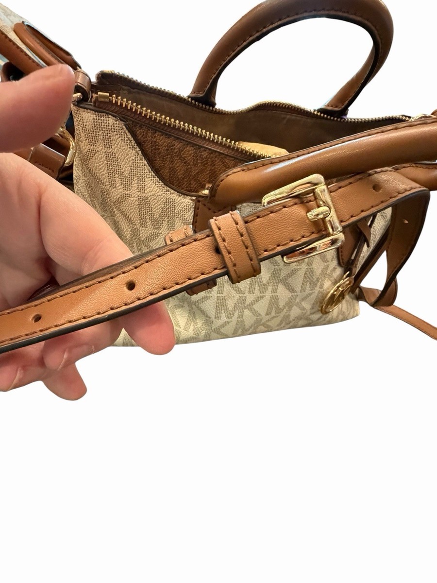 Michael Kors Austen Small Signature Logo Satchel Vanilla Brown Leather Trim View 4