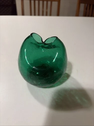 MCM Blenko Green Crackle Glass Pinched Dimpled Double Vase Top Decor Vintage