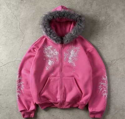 y2k grunge zip up hoodie faux fur hood distressed goth alt
