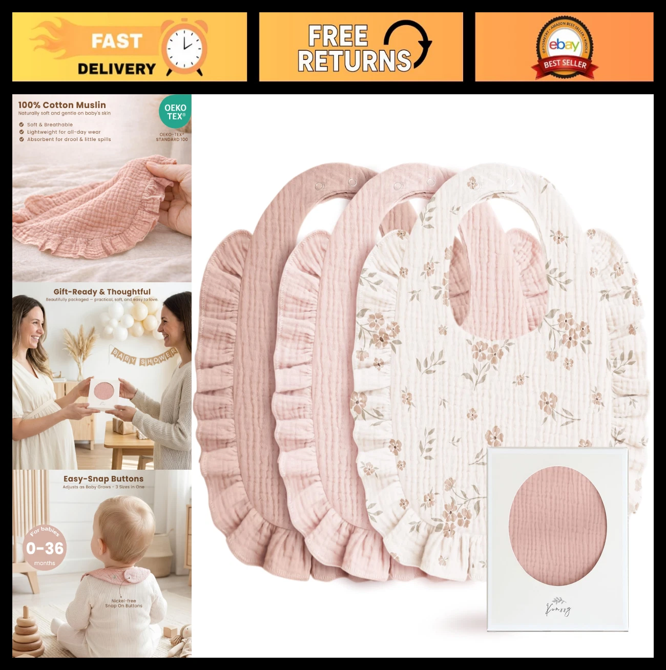 Soft Cotton Baby Bibs for Girls - Ruffle Trim Drool Bibs 0-36 Months, 3-Pack