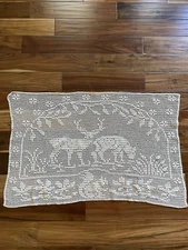 Large Mary Card WOODLAND Deer Filet Crochet Table Runner Ecru 25”*38”