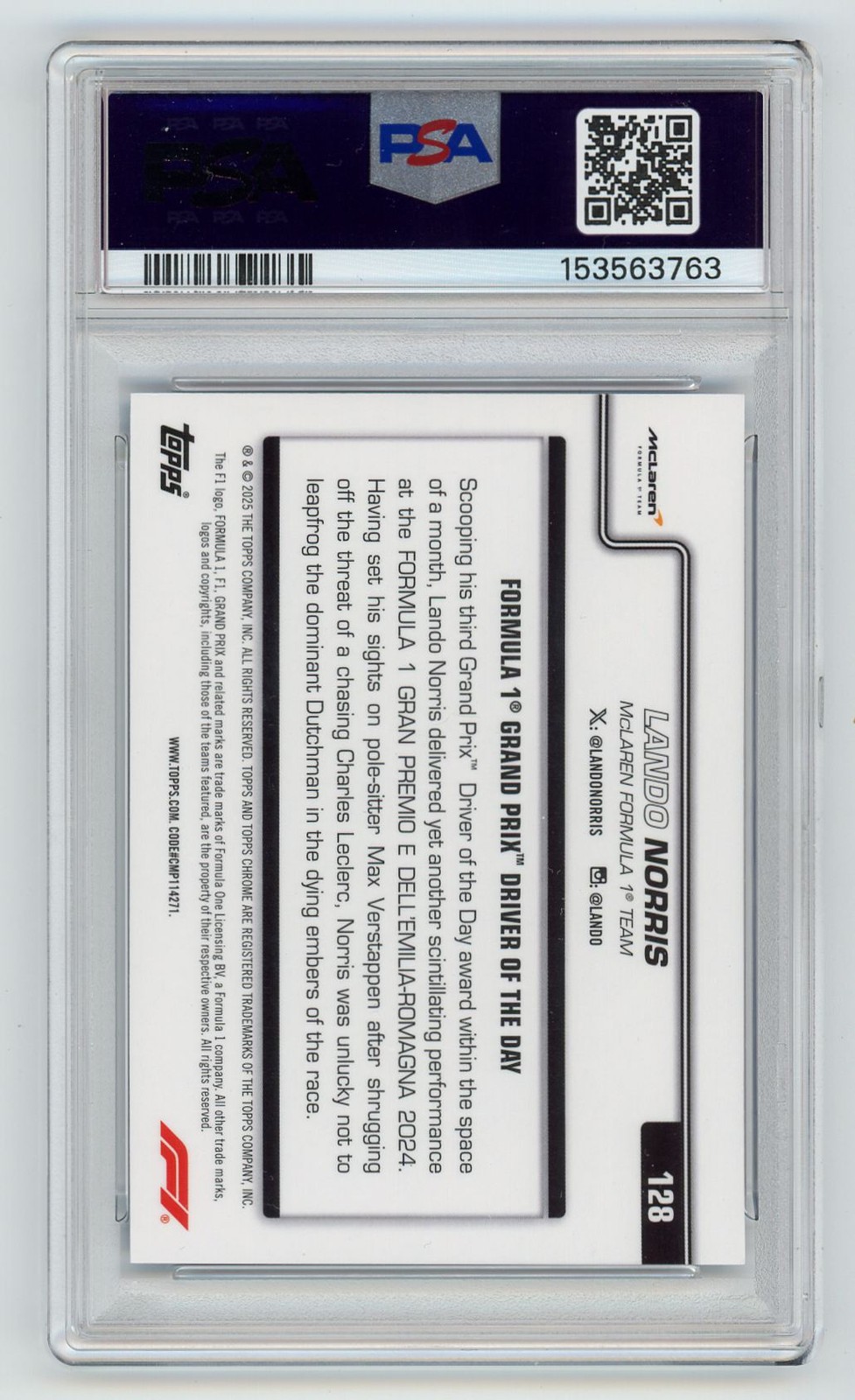2025 Topps Chrome Lando Norris Formula 1 Blue Refractor  053/150 PSA 10 McLaren view 2