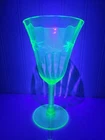 Uranium Depression Glass etched floral pat. 7" Stemmed Water glass