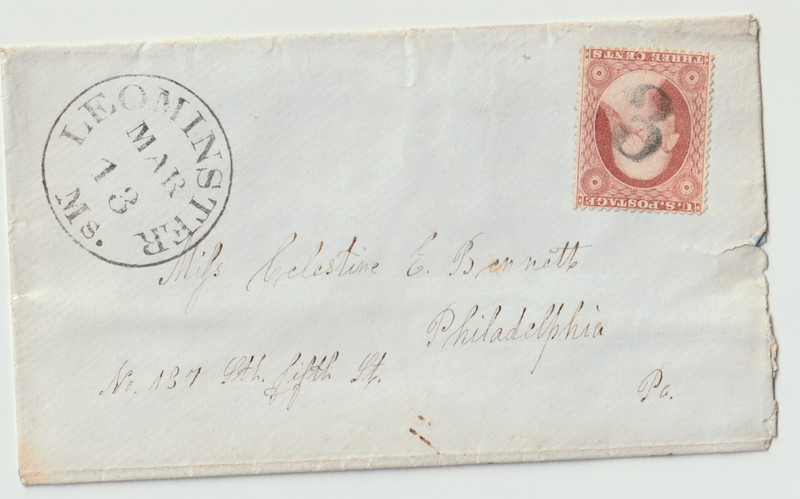 3 cent Geo. Washington stamp, ca. 1860, cover, Leominster, MA cancelation
