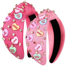 Valentine's Day Headbands 2-Pack Red and Pink Beaded Heart Jeweled Knot