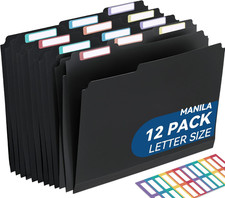Plastic Manila Folders 8.5 x 11, 12 Pack, Poly Black File Folders, 1/3-Cut Tabs