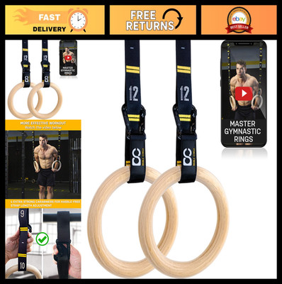 Wood Gymnastics Rings with Quick Adjust Straps and Exercise Guide