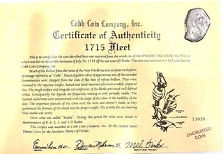 1715 Naufragio Spagnolo INCROSTATO 8 Vere Cob Moneta con Certificato di Autenticità