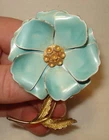 Vintage Gold Tone Blue Enamel Large Petal Flower Costume Jewelry Brooch Pin