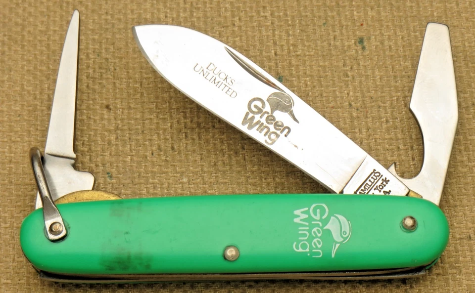 Cuchillo utilitario vintage CAMILLUS EE. UU. GREEN WING Scout - verde liso - grabado Foto 4 de 4