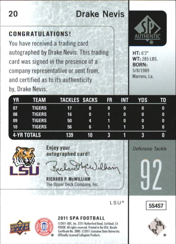 B3818- 2011 SP Authentic Autographs #20 Drake Nevis D Auto SAMPLE PIC - Image 2 of 2