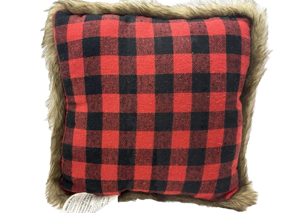Buffalo Plaid Fur Snowman PILLOW Square Decorative 18 x 18 in Fuzzy Tactile EUC - Image 2 of 4