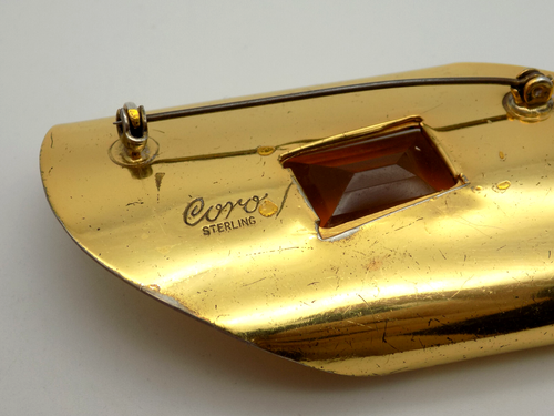 Vintage Coro Sterling Silver Gold Vermeil Large Orange Faceted Glass Brooch Pin - Picture 5 of 6