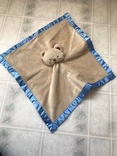 Security Blanket Baby Essentials Tan Teddy Bear Blue Satin Edged  Backed Lovey