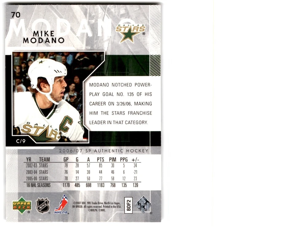 2006-07 SP Authentic Mike Modano #70 Dallas Stars - Image 2 of 2