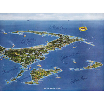 Macdonald 1958 Map Cape Cod Islands Bird's Eye Canvas Wall Art Print Poster