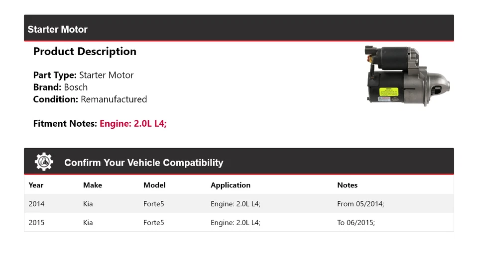 Arranque Bosch para Kia Forte5 2014-2015 2,0 L L4 (remanufacturado) Foto 2 de 4