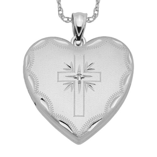 925 Sterling Silver Diamond Cross Heart Photo Locket Necklace