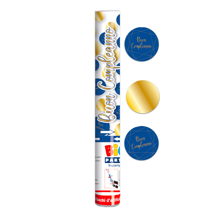 TUBO SPARA CORIANDOLI BUON COMPLEANNO BLU-ORO 30 CM