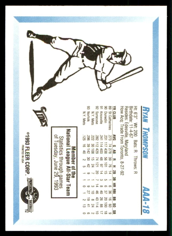 1993 Fleer ProCards Triple A All-Stars Ryan Thompson Norfolk Tides #AAA-18 - Image 2 of 2