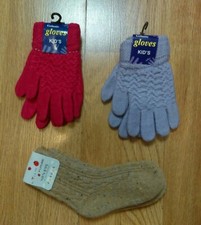 Lot of 3 Pink Blue Tan Girls Kid's Knitted Gloves  Korean Warm Sock w/Traction